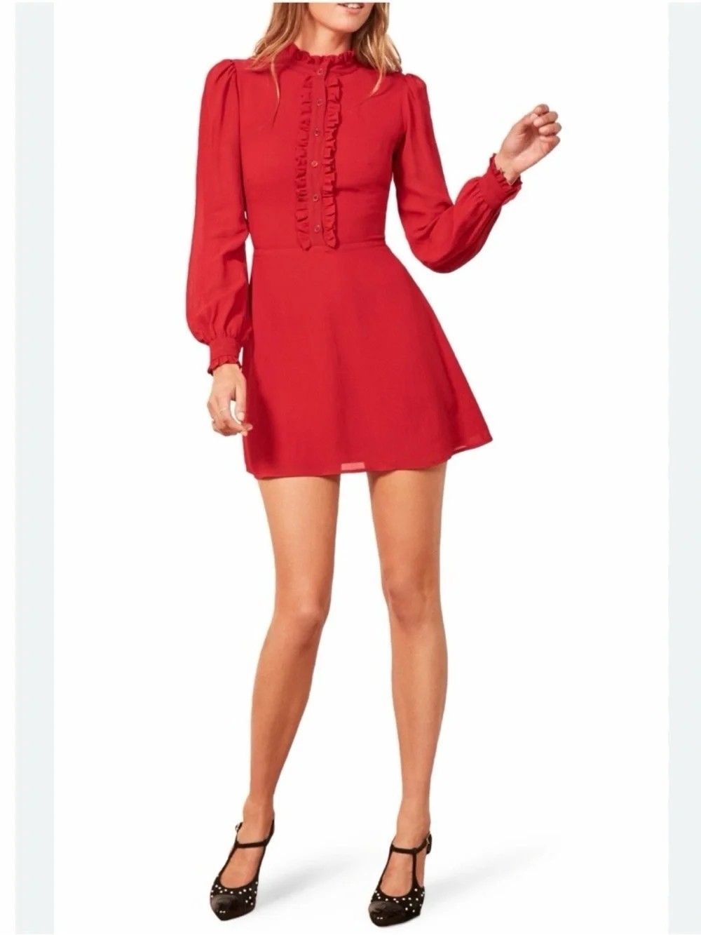 Reformation Red Ruffle-Front Long-Sleeve Mini Dress